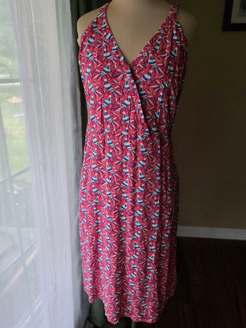 Boden Bird Print Faux Wrap Dress Pink Blue Sleeveless V-Neck Summer Casual‎ 10R